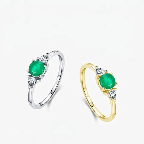 925 Sterling Silber Ring Für Frauen Runder Grüner Smaragd Zirkon Klare Seitensteine Minimalistischer Klassischer Schmuck