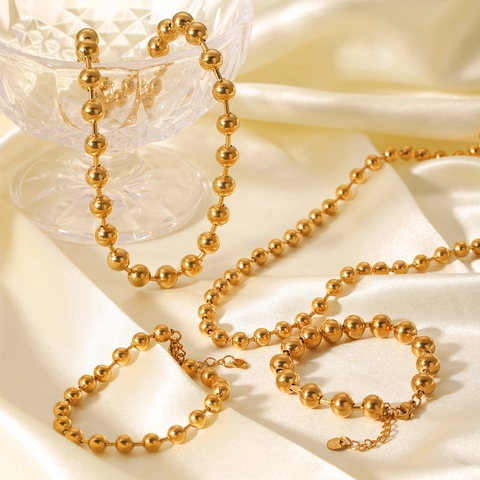 Collar Y Pulsera De Cadena De Bolas De Acero Inoxidable Chapado En Oro Pulido Joyas Para Mujer Accesorio Elegante Minimalista