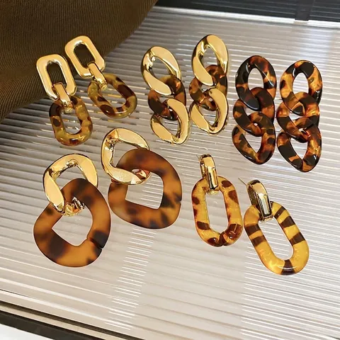 Tortoiseshell Acrylic Chain Link Drop Earrings With 925 Sterling Silver Earring Post Leopard Print Geometric Jewelry