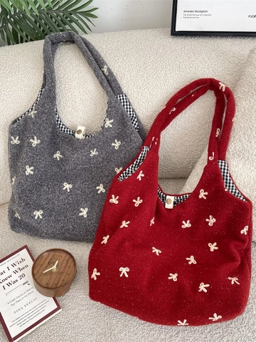 Embroidered Bow Plush Tote Bag Large Capacity Fleece Shoulder Bag With Gingham Lining Retro Sweet Style For Women