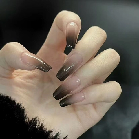 Black Ombre Press On Nails Long Coffin Shape Glossy ABS Plastic Trendy False Nails For Women