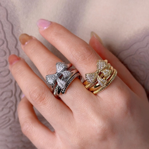 Sweet Cool Fashion Bowtie Copper Open Ring For Women Adjustable Electroplated Rhinestone Inlaid Ring Finger Jewelry Gift