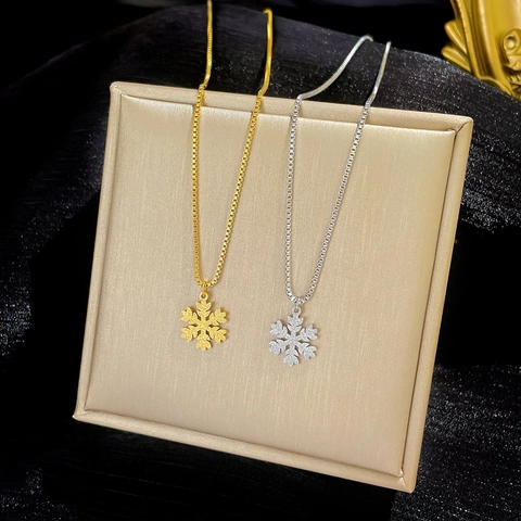 Collier Pendentif Flocon De Neige Acier Titane Zircon Plaqué Or Chaîne Ras Du Cou Minimaliste Bijoux Femme