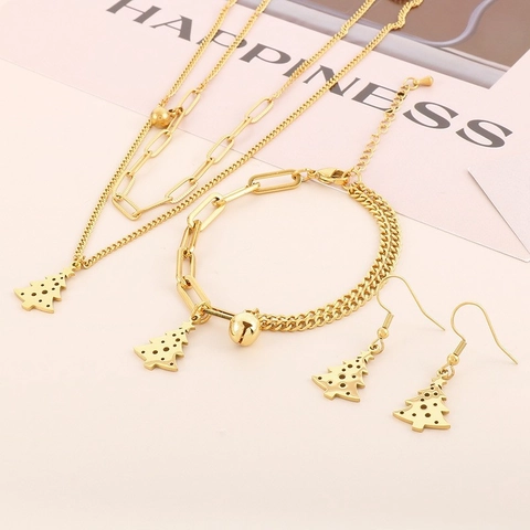 Set Gioielli Acciaio Inossidabile Albero Di Natale Con Collana Bracciale E Orecchini Stile Festivo Moda Perline E Campanelli