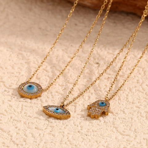 Vintage Edelstahl 18K Vergoldet Böser Blick Hand Der Fatima Anhänger Halskette Für Damen Strass Besetzt Mode Schmuck Geschenk