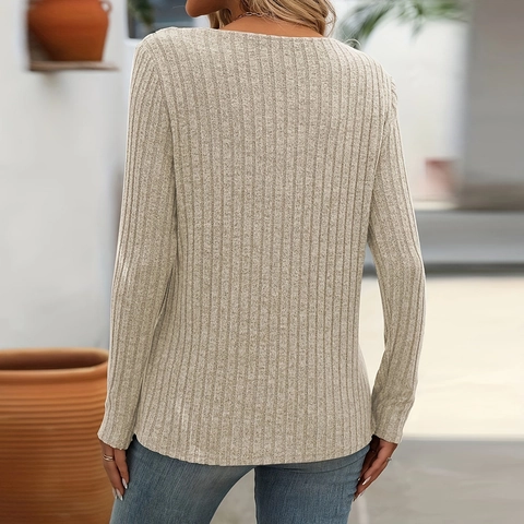 Women Long Sleeve Ribbed Knit Top V Neck Cross Over Button Decor Slim Fit Casual Autumn T-Shirt