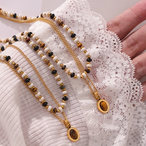 Tiger Eye Stone Pendant Layered Necklace Vintage Natural Stone Beaded Chain Stainless Steel Jewelry For Women