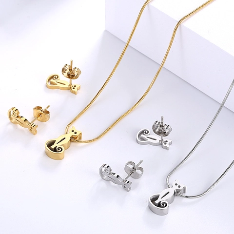 Set di Gioielli in Acciaio Inossidabile con Gatto Carino per Donna Collana con Ciondolo a Forma di Gatto e Orecchini a Bottone
