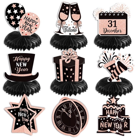 Décorations De Table En Nid D'Abeille Happy New Year Papier Carton Paillettes Décor De Bureau Pour Fête Thème Noir Or Rose