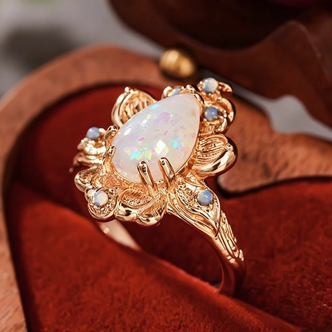 Vintage Floral Ring Copper Imitation Opal Pear Shape Water Drop Leaf Texture Victorian Bohemian Jewelry For Women Elegant