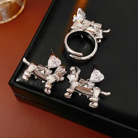 Puppy Hond Oorbellen En Verstelbare Ring Sieraden Voor Dames Koper Hart Zirkonia Kunstparel Strik Mode Dierlijk Accessoire