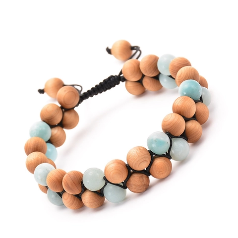 Layered Beaded Bracelet Natural Amazonite Stone Wood Beads Adjustable Woven Rope Bohemian Handcrafted Jewelry Unisex