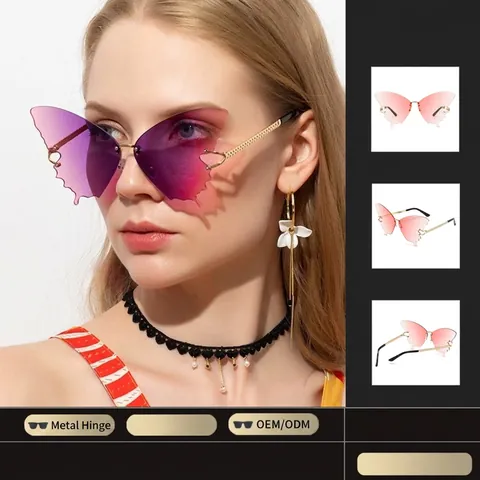 Occhiali Da Sole A Farfalla Senza Montatura Lenti PC Sfumate Aste Catena In Metallo Oro UV400 Moda Donna