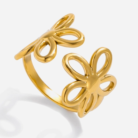 18K Gold Plated Stainless Steel Flower Open Ring Hollow Adjustable Sweet Romantic Jewelry Women Waterproof