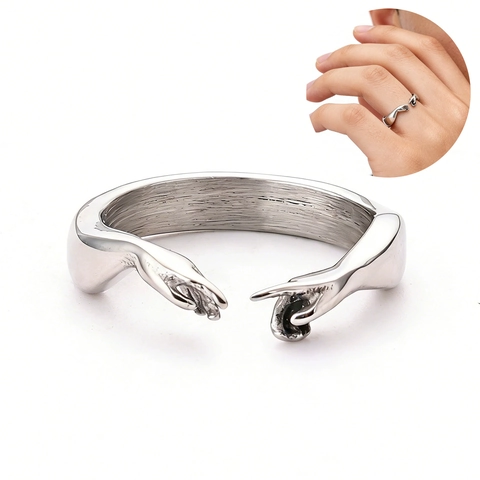 Artistic Touching Hands Ring Titanium Steel Vintage Retro Creation Of Adam Inspired Finger Jewelry For Men Unisex