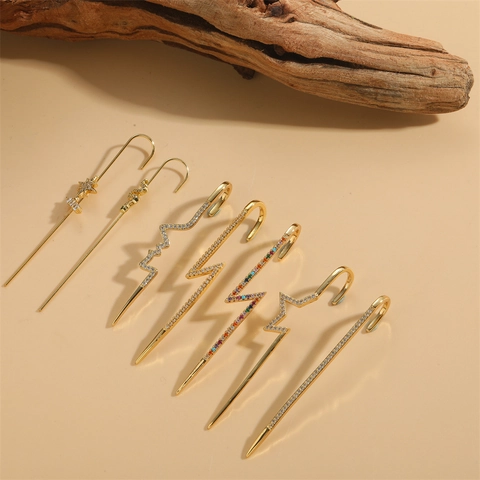 Copper Ear Crawler Earrings For Women Gold Plated Zirconia Snake Star Lightning French Vintage Ear Hook Fashion Minimalist Jewelry