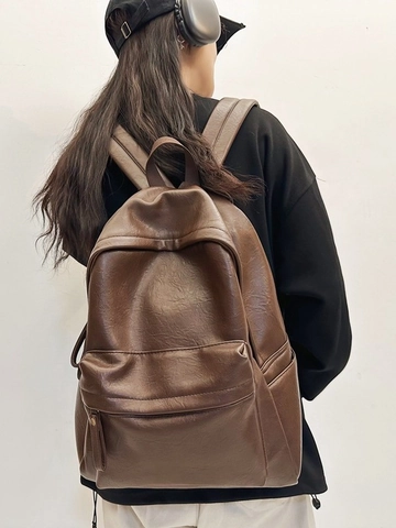 Sac À Dos Cuir PU Grande Capacité Hommes Femmes Style Coréen Ordinateur Portable Voyage École Urbain Simple Rétro Durable