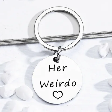 Stainless Steel Round Tag Keychain Engraved His Crazy Her Weirdo Heart Pattern Anniversary Gift