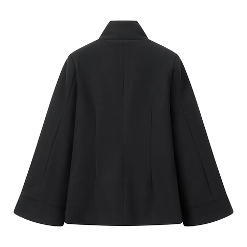 Cappotto Cappa Di Lana Da Donna Collo Alto Giacca Corta Doppio Petto Stile Britannico Elegante Nero