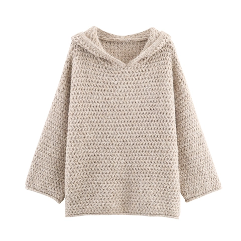 Women Hooded Sweater Chunky Knit Pullover Loose Casual Autumn Winter Solid Color Lazy Style Top