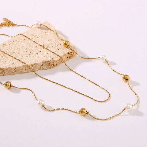 Layered Necklace With Faux Artificial Pearls And Metal Beads Stainless Steel 18K Gold Plated Minimalist Elegant For Women
