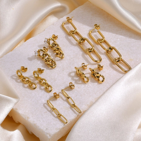 Link Chain Earrings Stainless Steel IP Gold Plated Geometric Cubic Zirconia Paperclip Interlocking Dangle Studs For Women