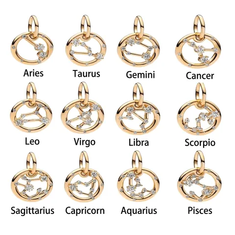 Zodiac Constellation Charms Gold Plated White Copper Round Hollow Cubic Zirconia Beads For DIY Jewelry Making