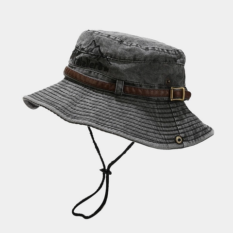 Vintage Washed Cotton Canvas Bucket Hat Outdoor Sun Hat Leather Strap Adjustable Windproof String Retro Fishing Boonie Hat