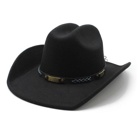 Chapeau De Cow-Boy Western Vintage À Bord Large En Feutre De Laine Avec Ceinture À Rivets Protection Solaire Extérieur