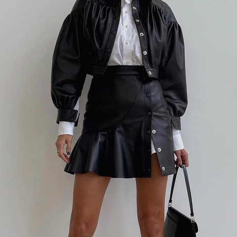 Women High Waist PU Leather Mini Skirt With Ruffle Hem Side Buttons Irregular Solid Color Streetwear Trendy Bottoms