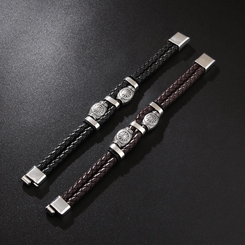 Bracelet En Cuir Tressé Pour Hommes Charme Métallique Viking Roue Solaire Style Punk Vintage Bijoux Fermoir Magnétique