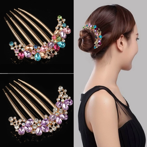 Elegant Alloy Floral Rhinestone Hair Comb For Women Palace Style Vintage Wedding Bridal Five Tooth Hair Fork Accessories