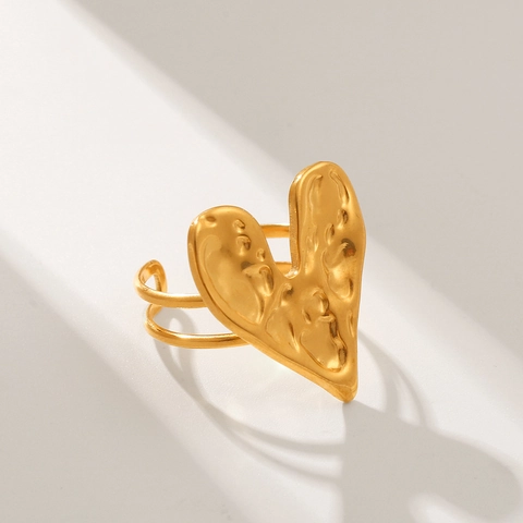 Heart Open Ring 18K Gold Plated Stainless Steel Hammered Texture Adjustable Fashion Jewelry For Women