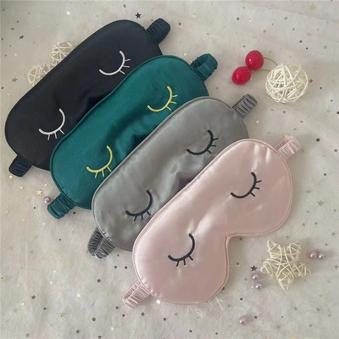 Simulation Satin Sleeping Eye Mask Eyelash Embroidery Breathable Light Blocking Blindfold And Pouch For Travel Sleep