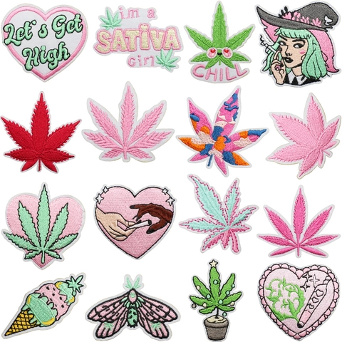 Embroidered Patches Iron On Cloth Stickers Pink Green Leaf Heart Shape Appliques For Clothing Bag DIY Decor