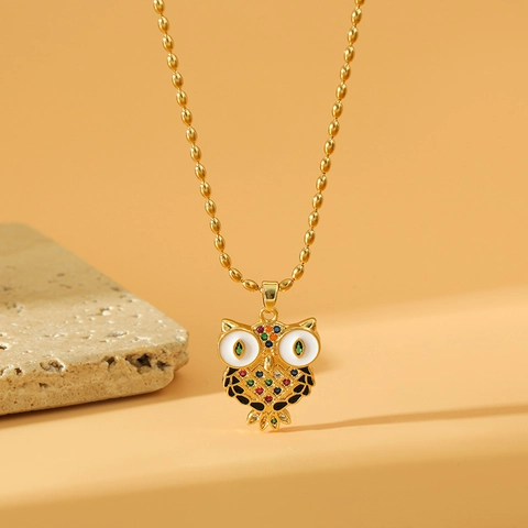 Edelstahl Eule Anhänger Halskette Für Damen Bunte Strass Emaille Tier Charm Perlenkette Boho Mode Schmuck Geschenk