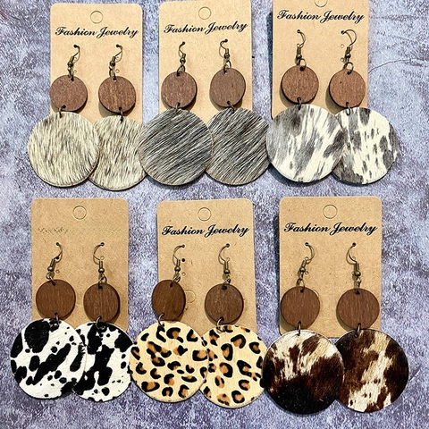 Orecchini Pendenti Boho Vintage Legno Vera Pelle Pelo Di Pony Stampa Mucca Leopardo Gioielli Western Donna