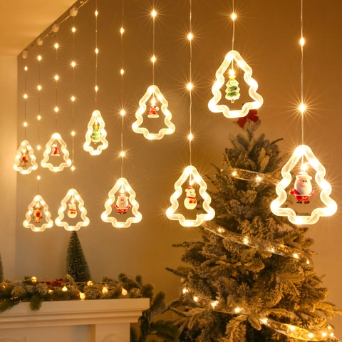 LED Curtain Lights String Plastic Christmas Decoration Warm White USB Powered Remote Control Multiple Modes Star Tree Shape Indoor Window