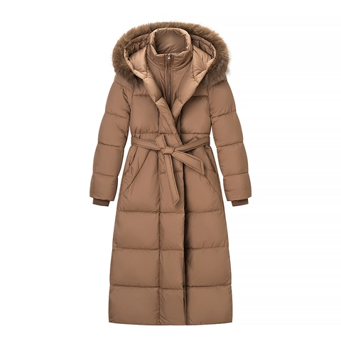 Damen Langer Wattierte Jacke Mit Kapuze Und Kunstfellkragen Taillengürtel Winter Slim Fit Warmer Gesteppter Parka Mantel