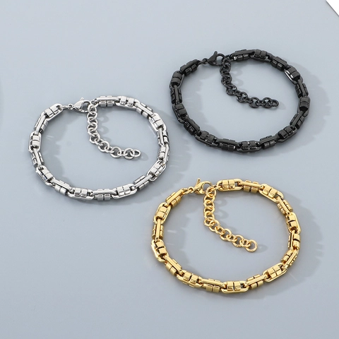 Stainless Steel Men Bracelet Hip Hop Geometric Gear Chain Splicing Adjustable Vacuum Plated Jewelry