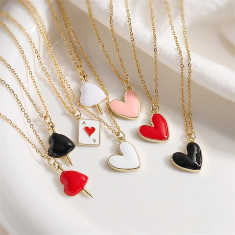 Kupfer Emaille Herz Anhänger Halskette Goldton Schlüsselbein Kette Poker Ace Design Eleganter Mode Schmuck Für Damen