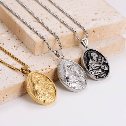Collar Con Colgante De Relieve De Santo Religioso Acero Inoxidable Medalla Ovalada Joyería Retro Para Hombre Mujer