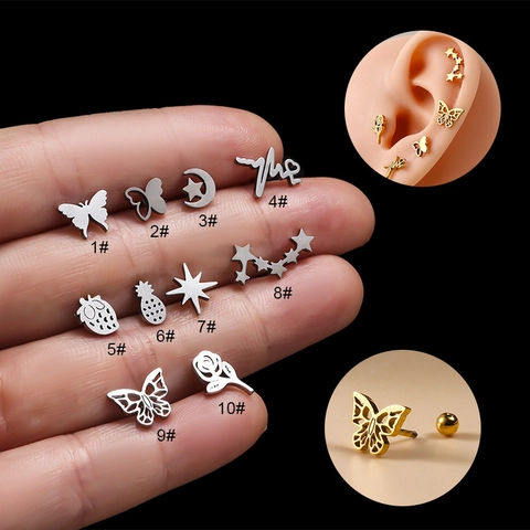 Orecchino Cartilagine Acciaio Inossidabile Farfalla Stella Luna Piercing Vite Gioielli Per Donna Moda