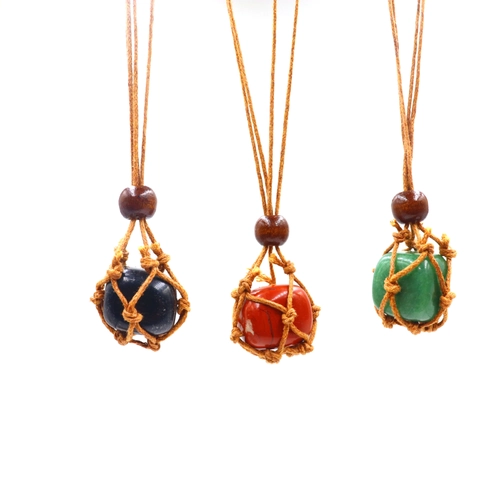 Handmade Woven Net Pouch Natural Stone Pendant Necklace Adjustable Rope Braided Gemstone Crystal Bohemian Ethnic Jewelry For Women Men