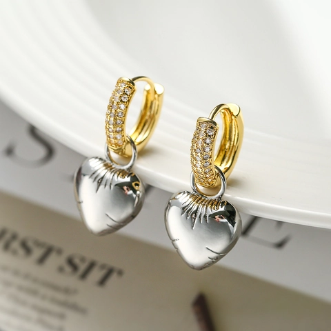 Asymmetric Copper Earrings With Sparkling Zircon Gold Plated Heart Star Dangle For Women Sweet Fashionable Jewelry