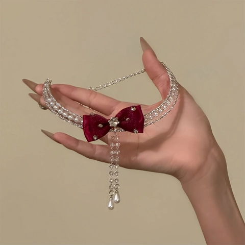 Elegante Choker Halskette Mit Schleife Und Strass Künstliche Perle Quaste Schlüsselbeinkette Edler Schmuck Für Damen
