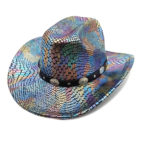 Western Cowboy Hat Holographic Metallic Snakeskin Print Wide Brim Polyester With Faux Leather Band Metal Conchos For Party