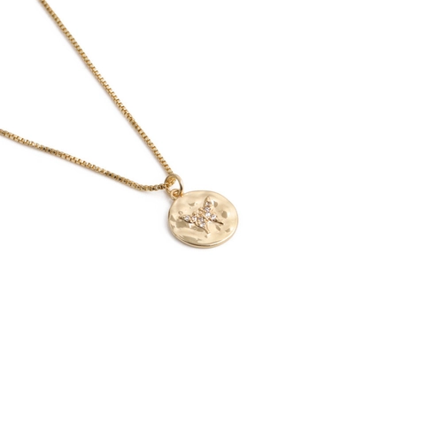 Runde Münze Anhänger Halskette Gold Vergoldet Kupfer Hammerschlag Zirkon Stern Mond Kreuz Hamsa Böser Blick Böhmischer Schmuck