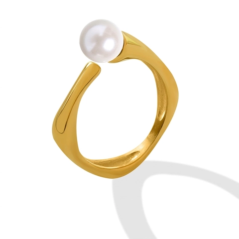French Retro Open Adjustable Ring Titanium Steel 18K Gold Plated Geometric Imitation Artificial Pearl Elegant Jewelry For Women