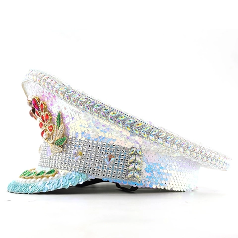 Cappello Da Capitano Con Paillettes E Spilla A Pappagallo In Strass Gemme Colorate Künstliche Perle Sintetiche Cappello Da Marinaio Per Donna